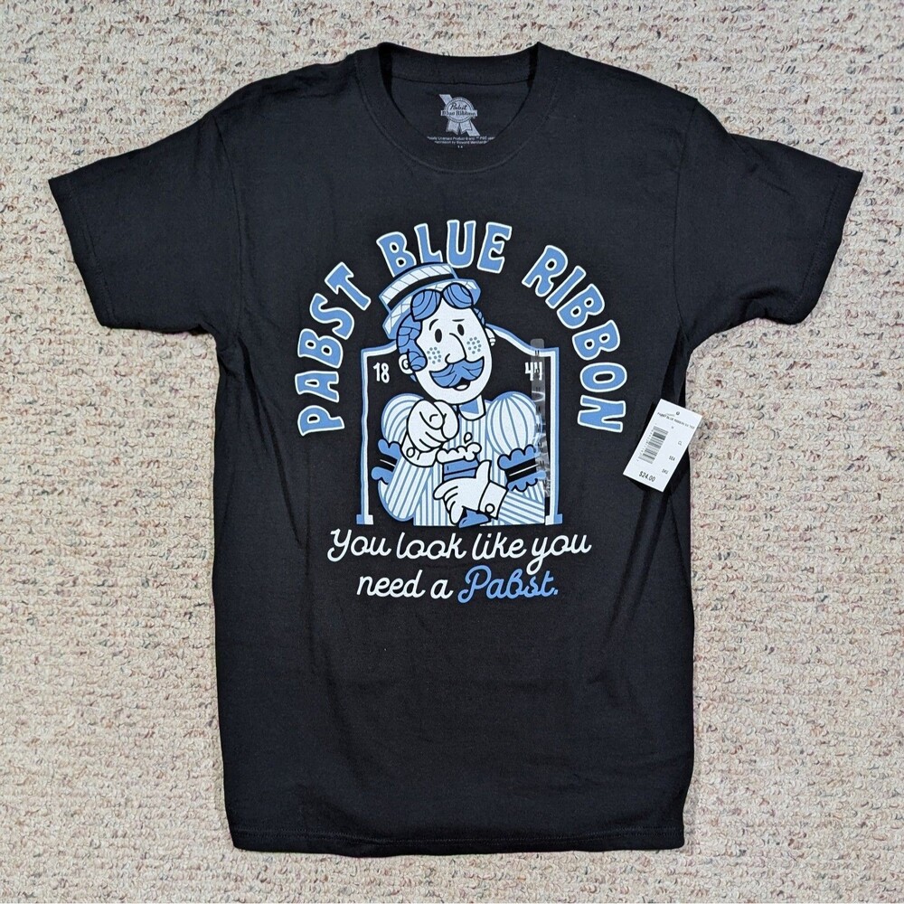Pabst Blue Ribbon T-Shirt Look Like You Need a Pabst Mens MED Black Beer Tee NWT